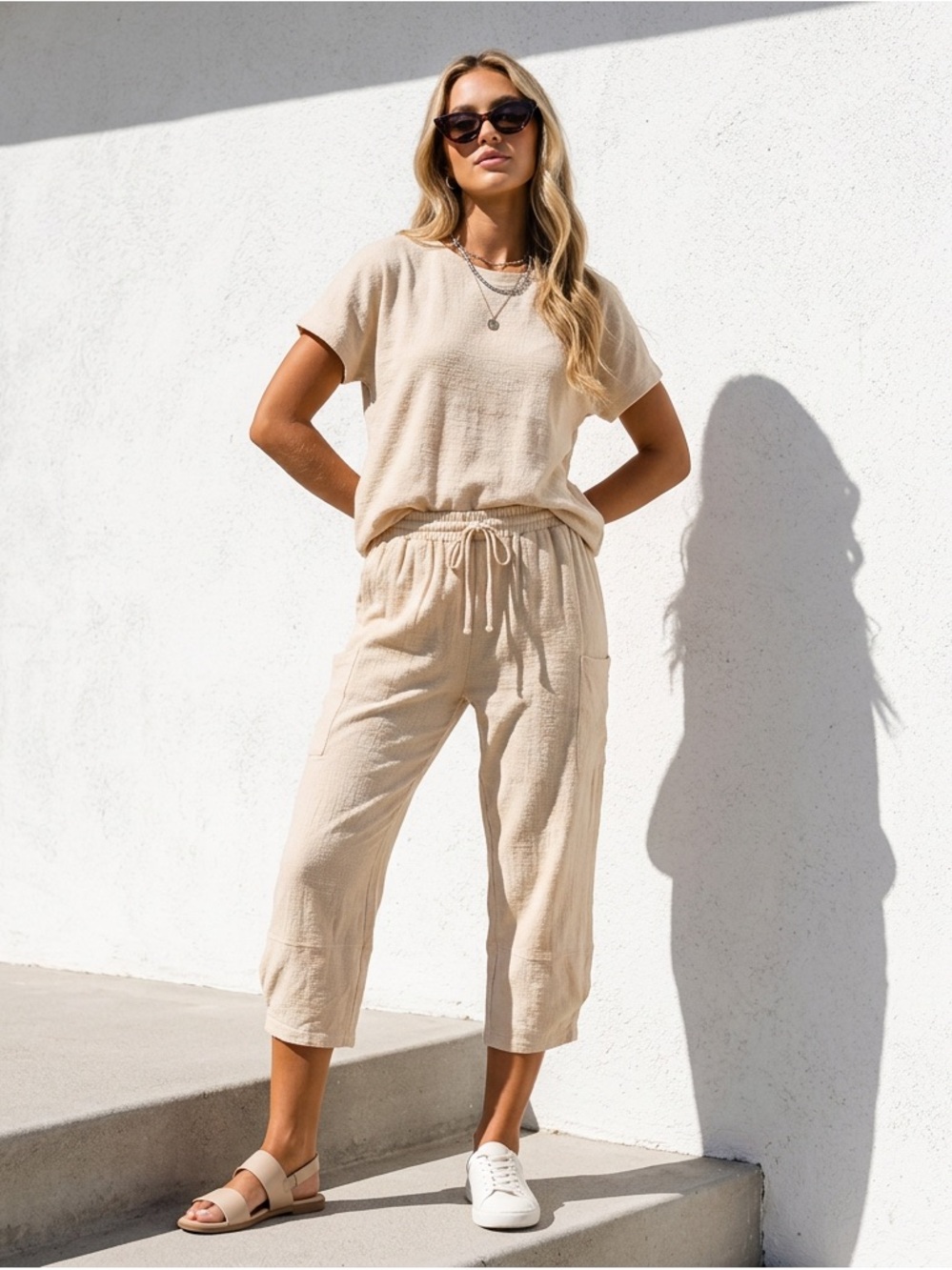 Lightweight Beige Wide-Leg Crop Pants with Drawstring Waist - Picture 2 of 2